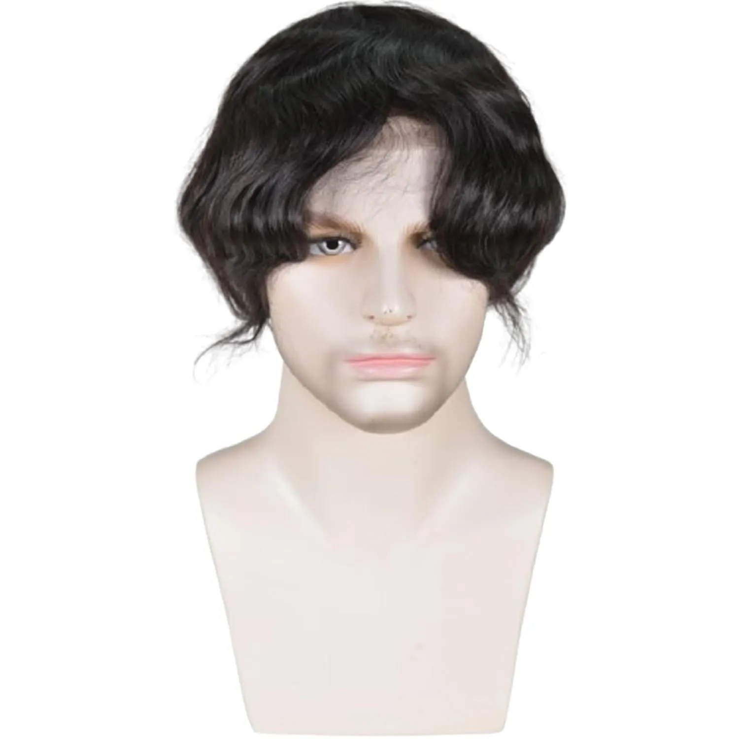 Men’s European Human Hair Toupee 9x7 Inch Swiss Lace with PU Skin Back Natural Hair Replacement System for Thinning Hair Straight Hairpiece (Natural Black Color, 9x7 INCH)