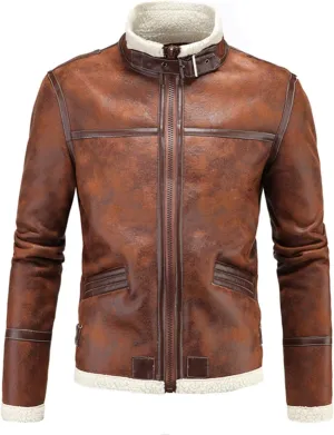 Mens Faux Leather Jacket Winter Fleece Warm Overcoat Stand Collar Zipper Coat Windproof Waterproof Biker Jackets
