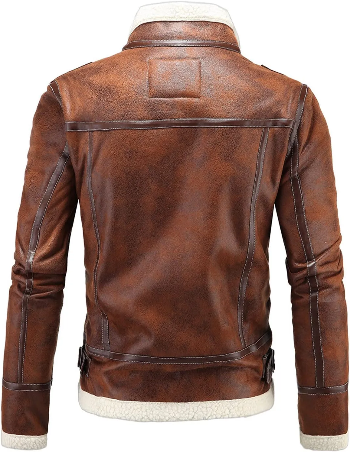 Mens Faux Leather Jacket Winter Fleece Warm Overcoat Stand Collar Zipper Coat Windproof Waterproof Biker Jackets