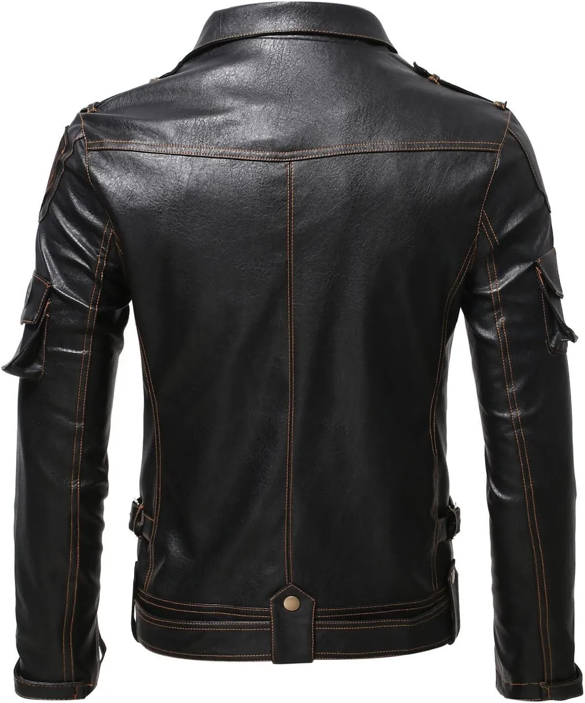 Mens Faux Leather Vintage Jackets Long Lapel Coat Motorcycle Biker Outwear with Belt Faux-Leather Bomber Jacket