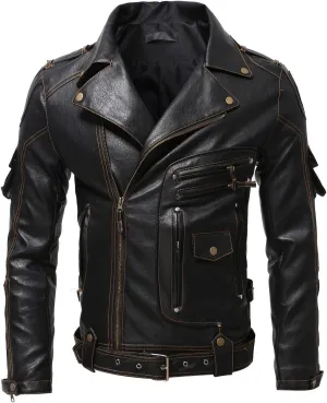 Mens Faux Leather Vintage Jackets Long Lapel Coat Motorcycle Biker Outwear with Belt Faux-Leather Bomber Jacket