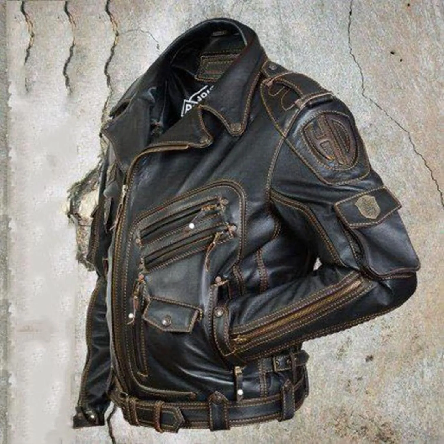 Mens Faux Leather Vintage Jackets Long Lapel Coat Motorcycle Biker Outwear with Belt Faux-Leather Bomber Jacket
