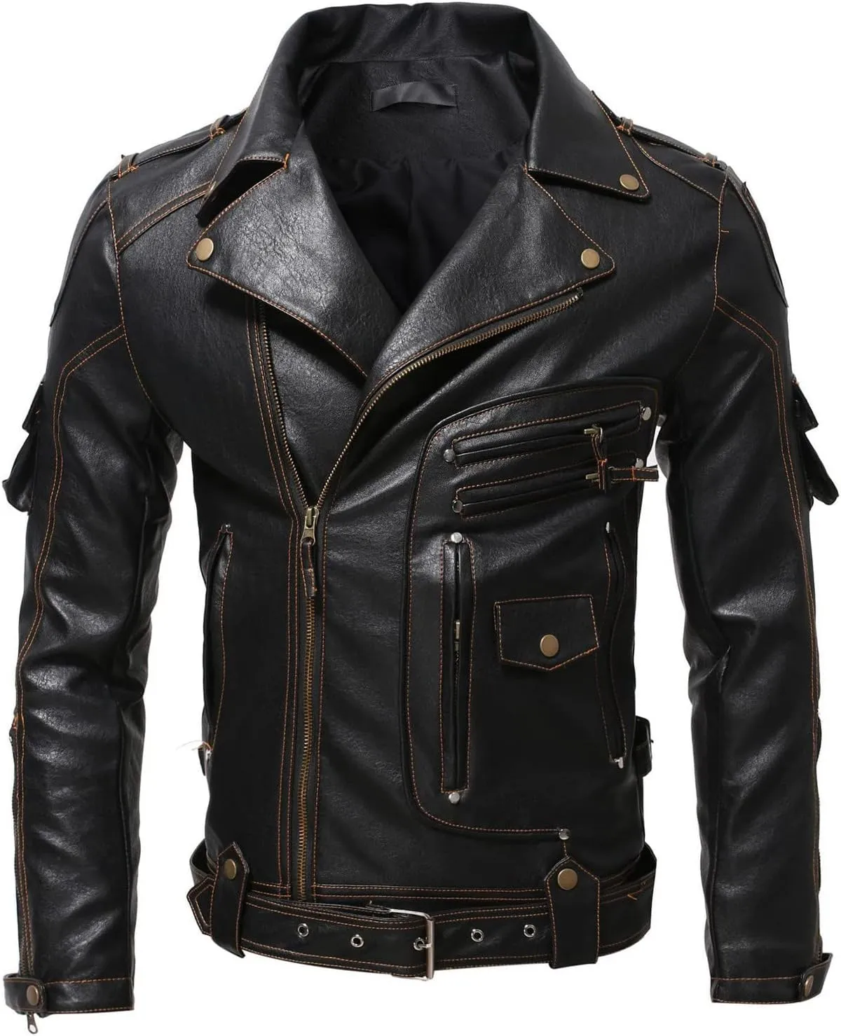 Mens Faux Leather Vintage Jackets Long Lapel Coat Motorcycle Biker Outwear with Belt Faux-Leather Bomber Jacket