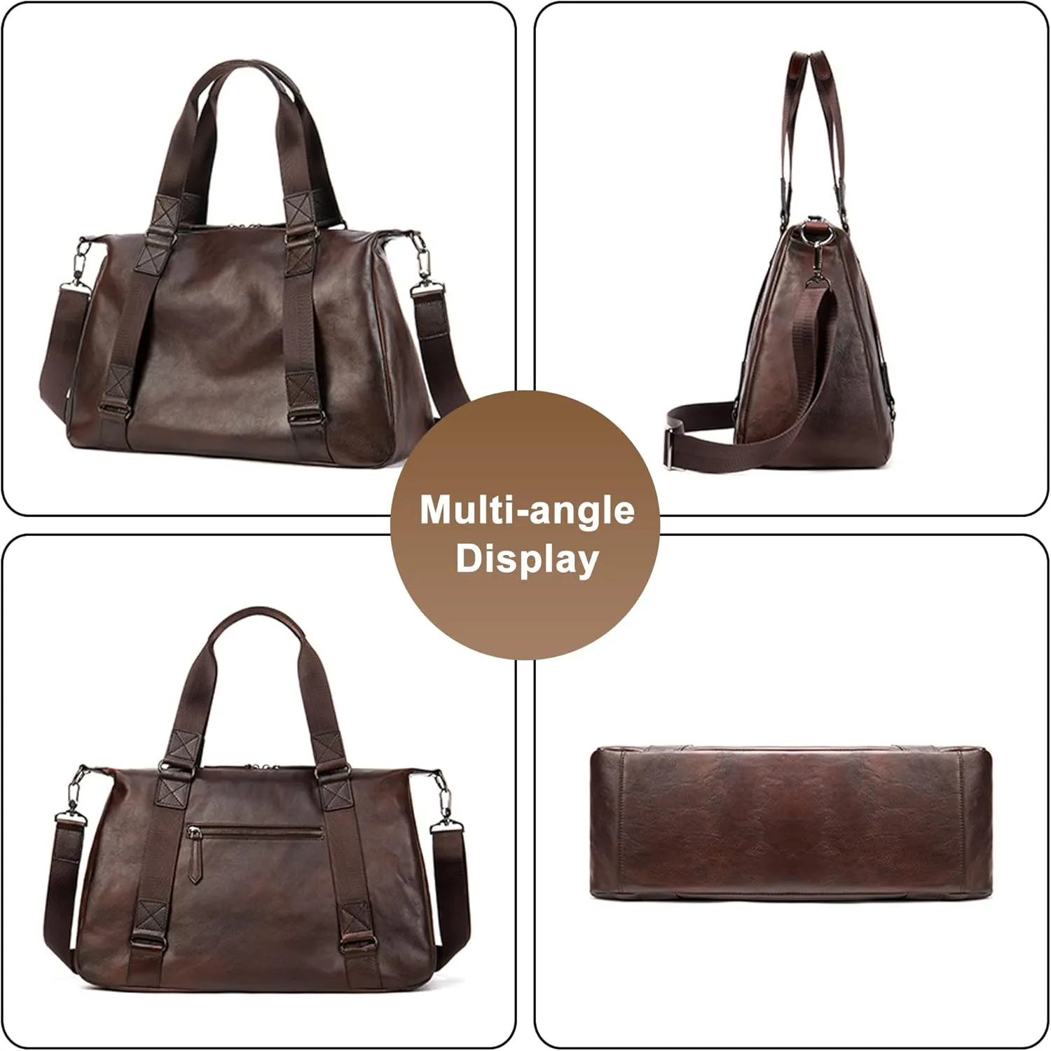 Men's Genuine Leather Duffel Bags Travel Tote Handbag Large Capacity Crossbody Bag with Adjustable Shoulder Strap (Brown)