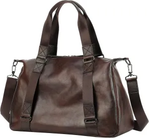 Men's Genuine Leather Duffel Bags Travel Tote Handbag Large Capacity Crossbody Bag with Adjustable Shoulder Strap (Brown)