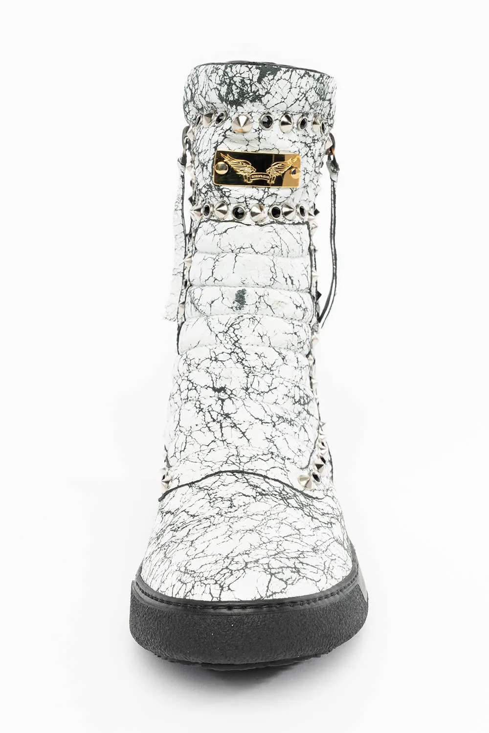 MENS HIGH TOP BIKER SHOES IN CRACKLED WHITE LEATHER WITH  CRYSTALS AND SPIKE EMBELLISHMENT