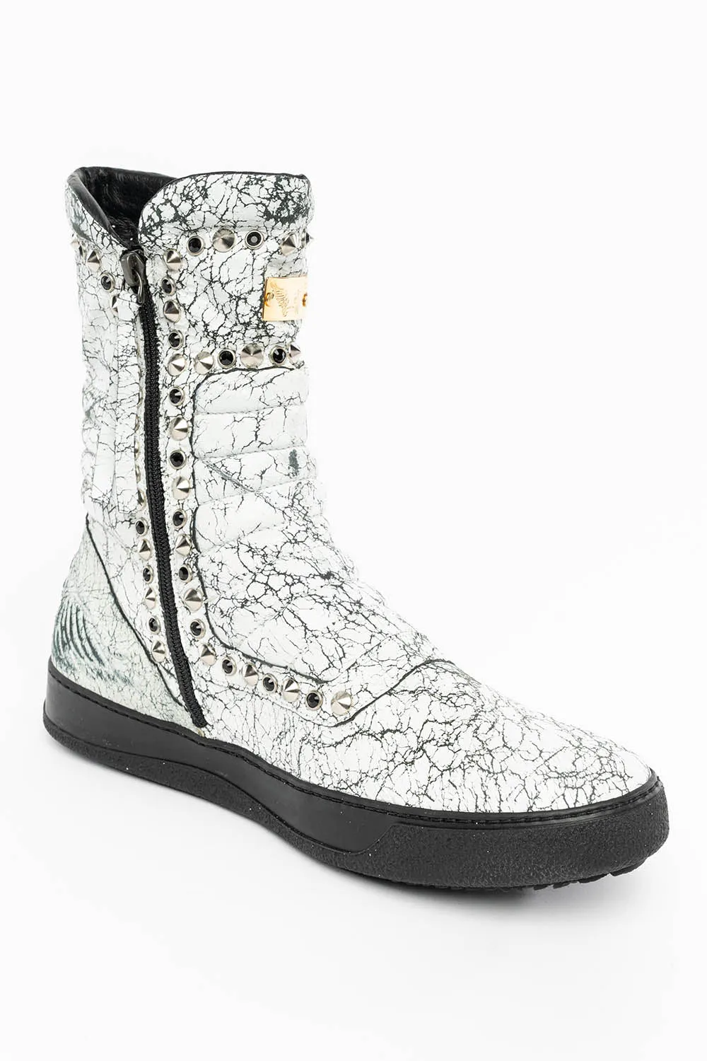 MENS HIGH TOP BIKER SHOES IN CRACKLED WHITE LEATHER WITH  CRYSTALS AND SPIKE EMBELLISHMENT