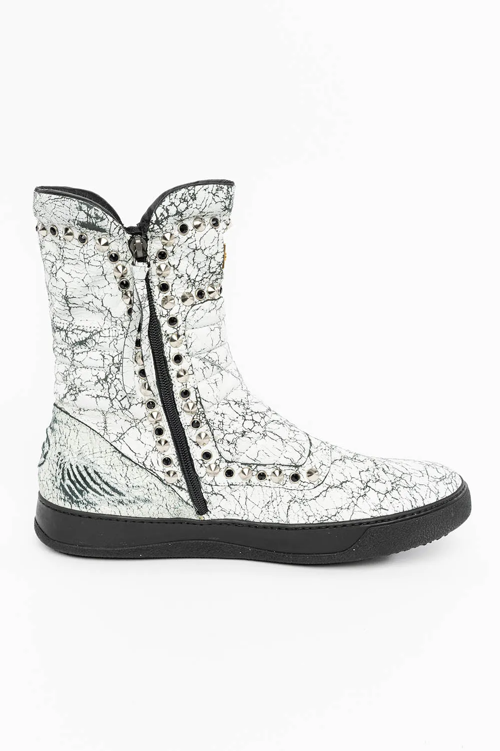 MENS HIGH TOP BIKER SHOES IN CRACKLED WHITE LEATHER WITH  CRYSTALS AND SPIKE EMBELLISHMENT