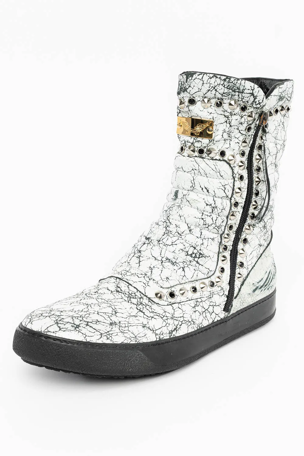 MENS HIGH TOP BIKER SHOES IN CRACKLED WHITE LEATHER WITH  CRYSTALS AND SPIKE EMBELLISHMENT
