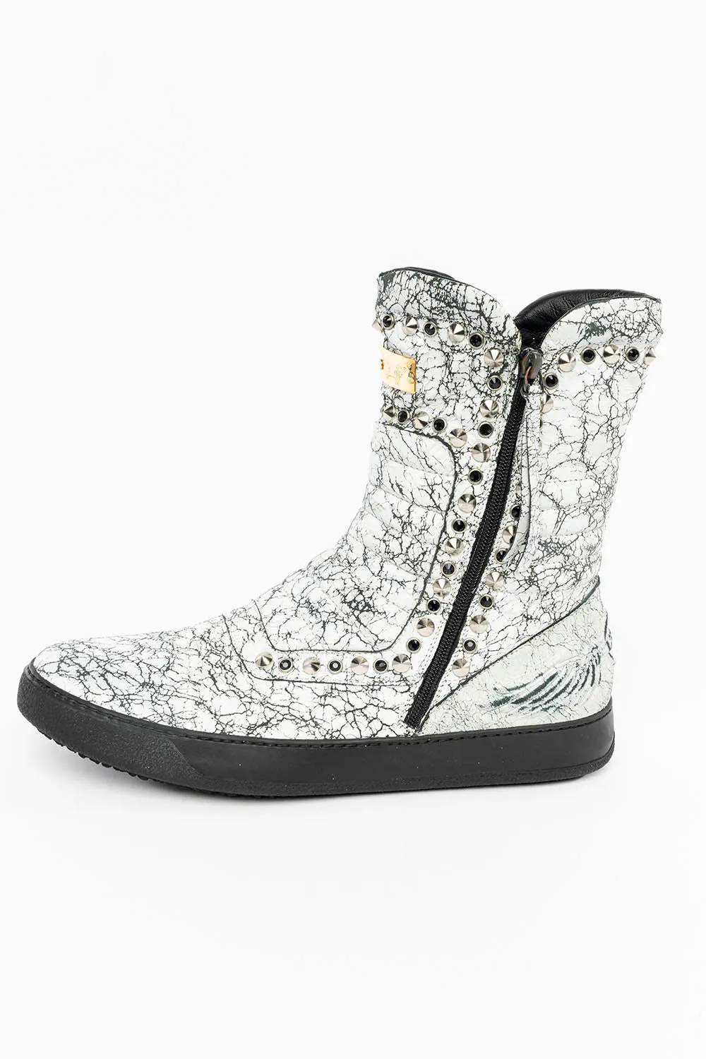 MENS HIGH TOP BIKER SHOES IN CRACKLED WHITE LEATHER WITH  CRYSTALS AND SPIKE EMBELLISHMENT