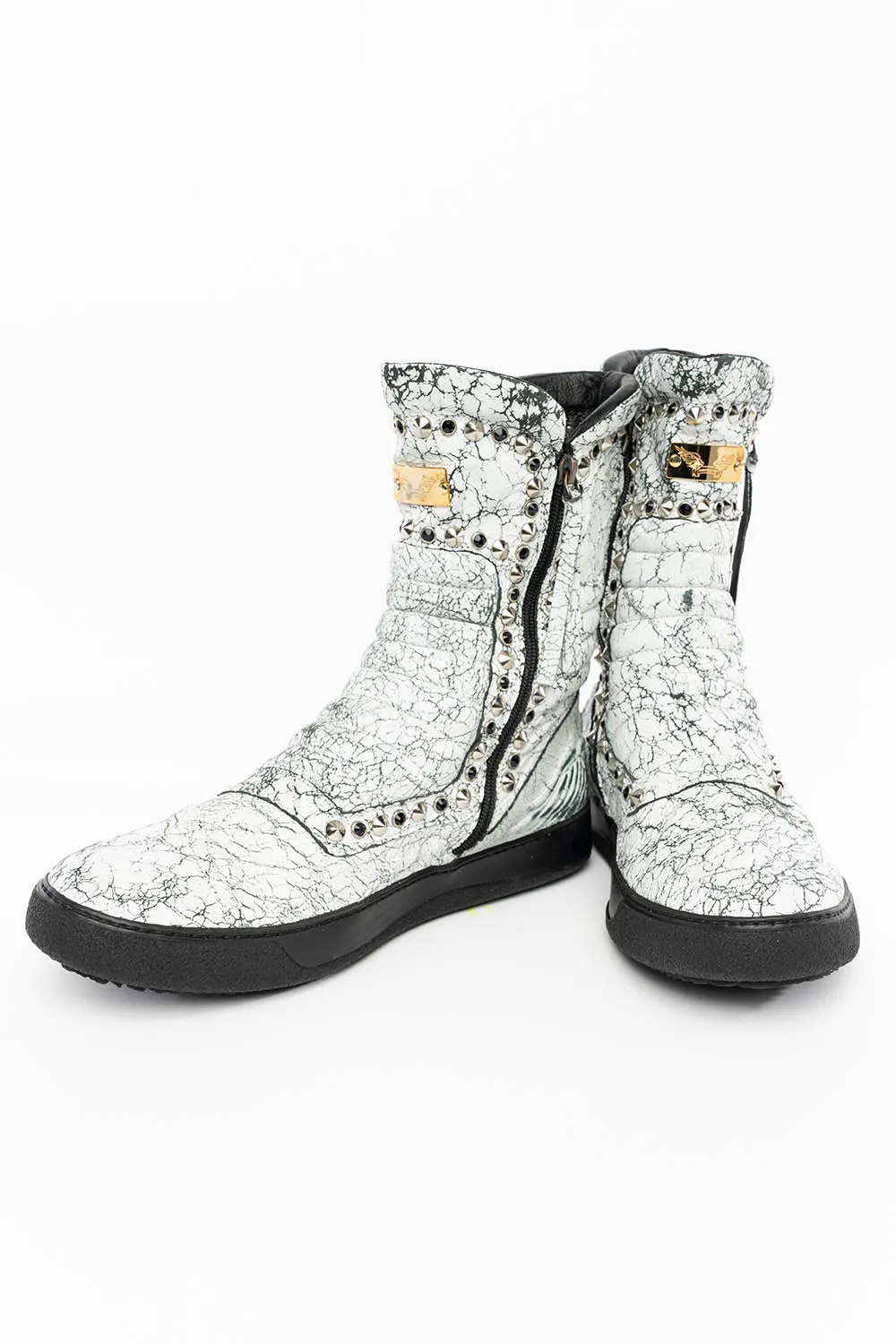MENS HIGH TOP BIKER SHOES IN CRACKLED WHITE LEATHER WITH  CRYSTALS AND SPIKE EMBELLISHMENT