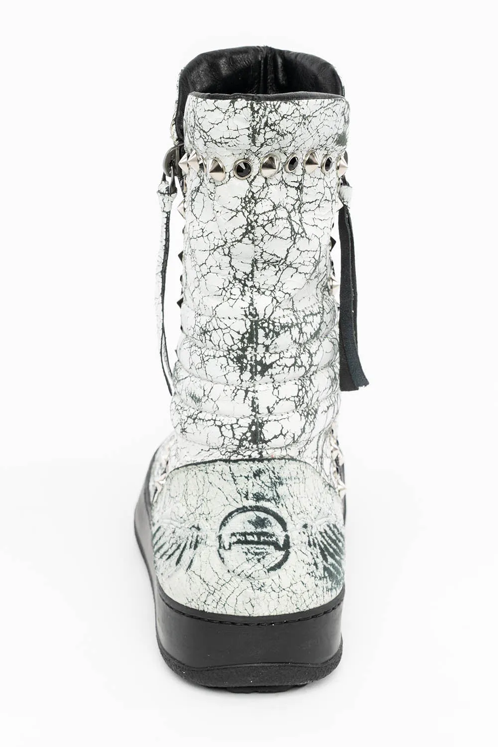 MENS HIGH TOP BIKER SHOES IN CRACKLED WHITE LEATHER WITH  CRYSTALS AND SPIKE EMBELLISHMENT