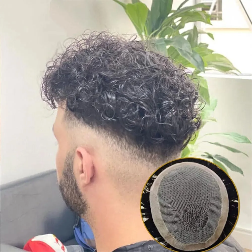 Men's Lace With NPU Around Base Human Hair Wig For Durable Capillary Prothesis Natural Black Curly Hair System Unit 110 7x10#Deep Wave 1B