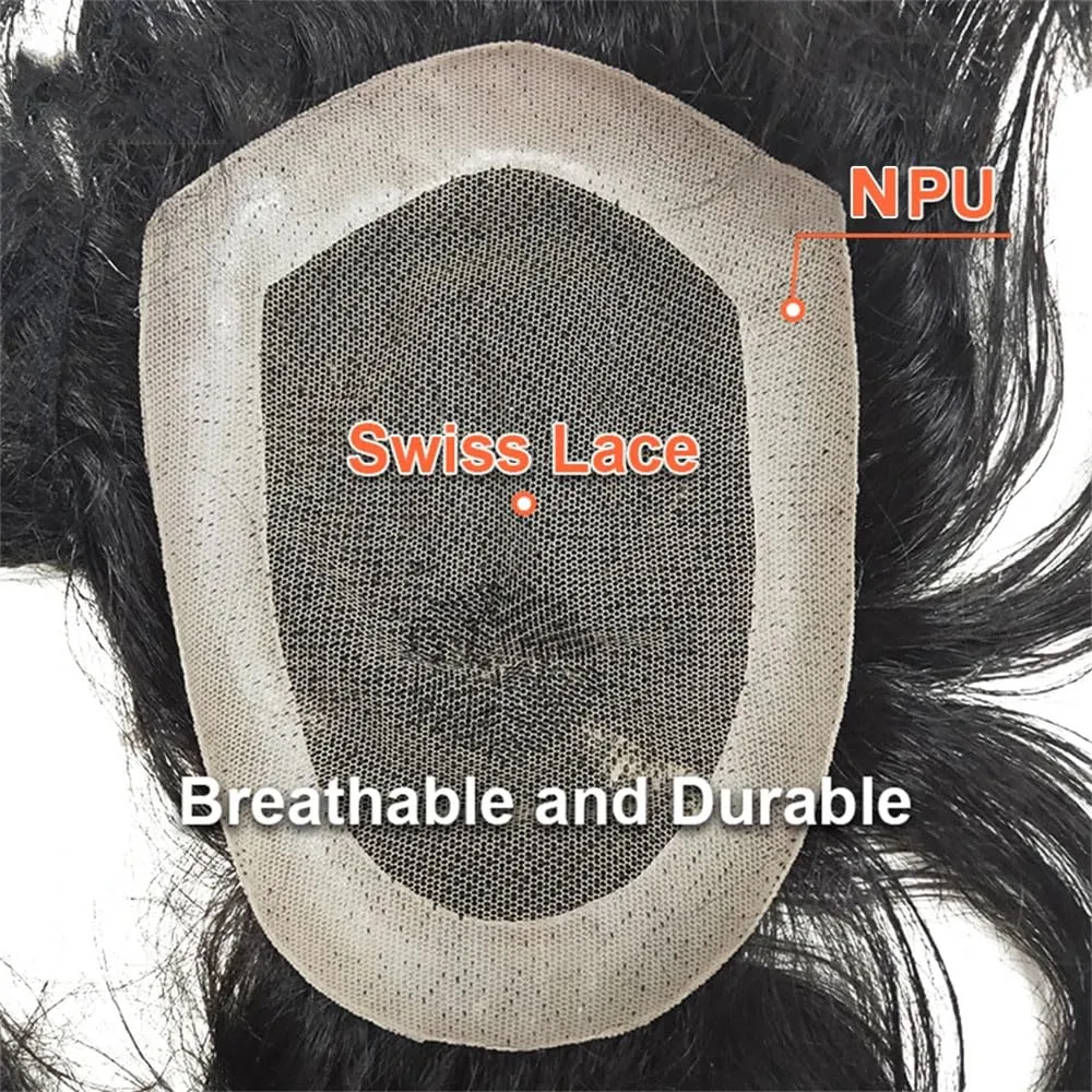 Men's Lace With NPU Around Base Human Hair Wig For Durable Capillary Prothesis Natural Black Curly Hair System Unit 110 7x10#Deep Wave 1B