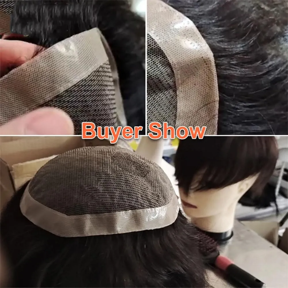 Men's Lace With NPU Around Base Human Hair Wig For Durable Capillary Prothesis Natural Black Curly Hair System Unit 110 7x10#Deep Wave 1B
