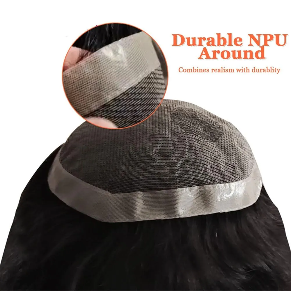 Men's Lace With NPU Around Base Human Hair Wig For Durable Capillary Prothesis Natural Black Curly Hair System Unit 110 7x10#Deep Wave 1B