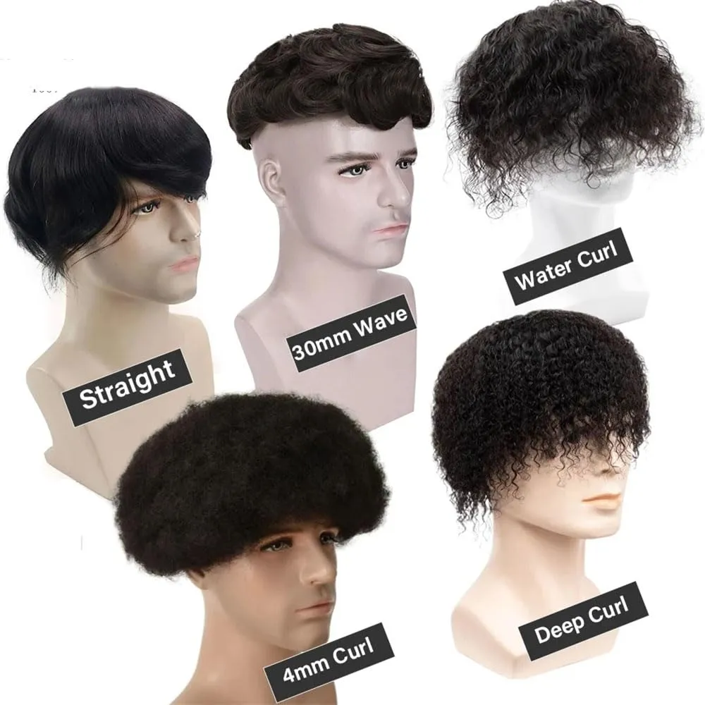 Men's Lace With NPU Around Base Human Hair Wig For Durable Capillary Prothesis Natural Black Curly Hair System Unit 110 7x10#Deep Wave 1B