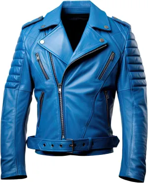 Men’s Royal Blue Genuine Sheepskin Notch Lapel Collar Biker Rider Outfit Asymmetric Crossover Slim Fit Leather Jacket