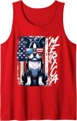 'Merica Boston Terrier Dogs USA Flag Patriotic Sunglasses Tank Top