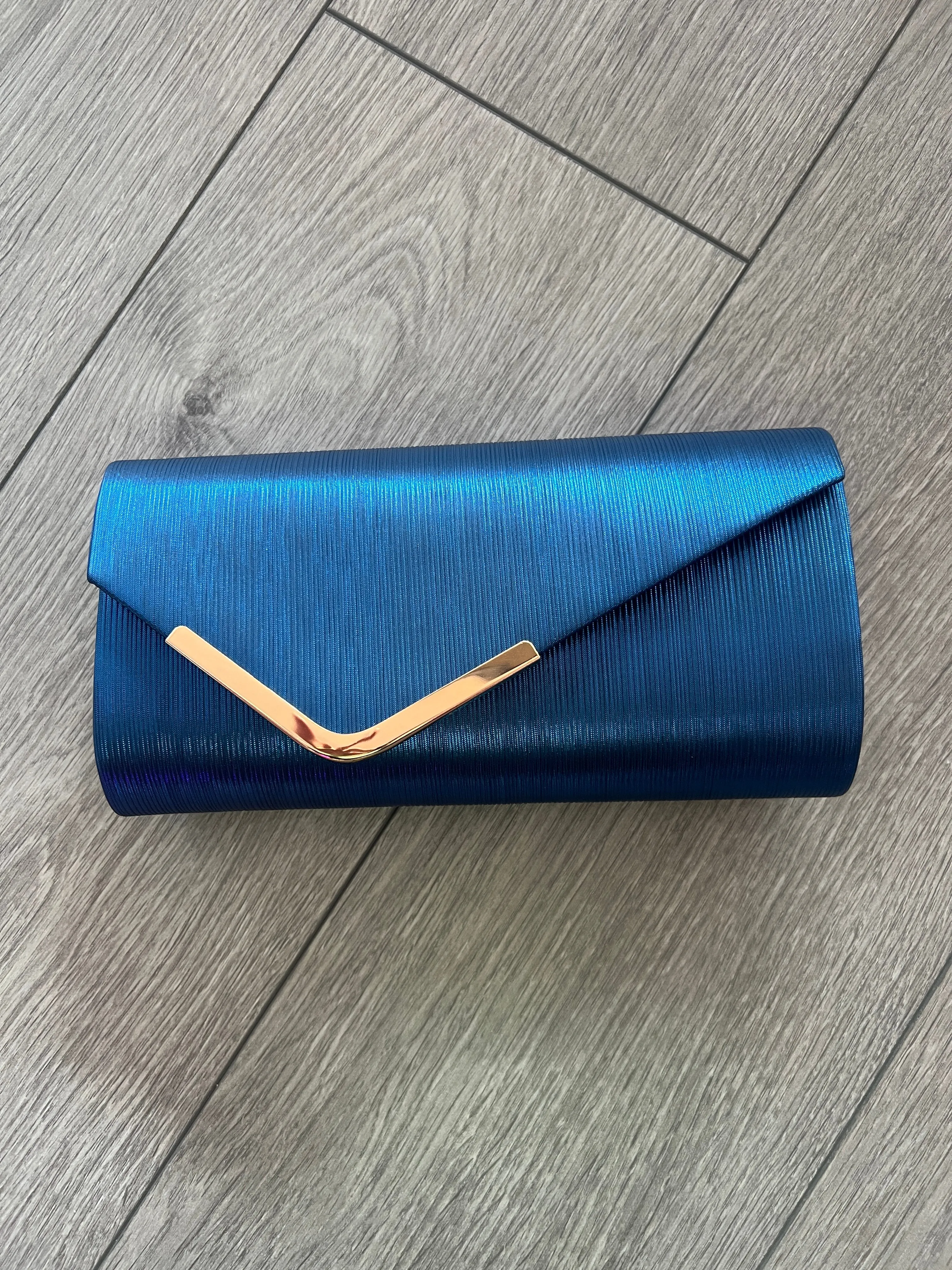 Metallic Clutch Bag With Gold Trim- Blue