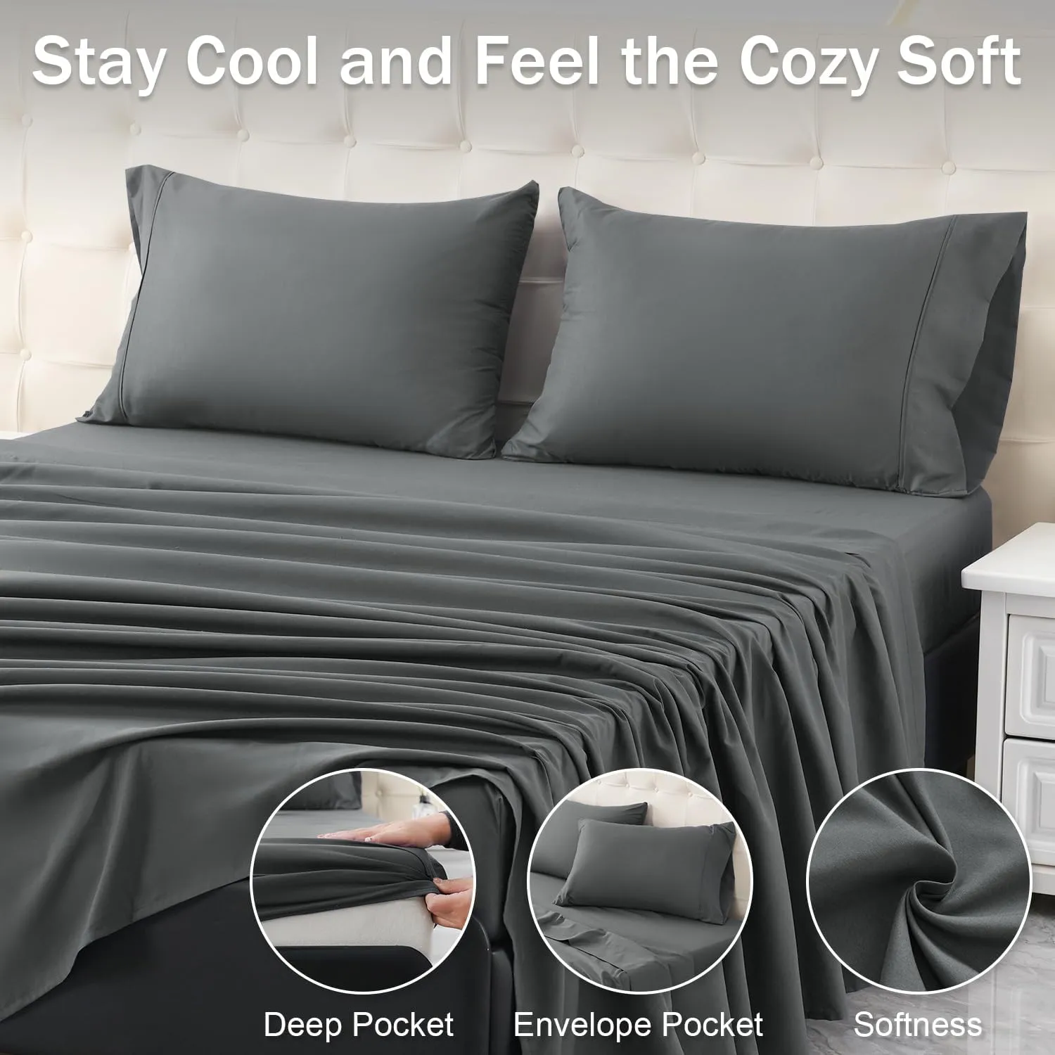 MICORAL King Bed Sheets Set, Soft Breathable Bedding Sheet Set, Sheets Set with 16" Deep Pocket Design (4 Pieces, King, Dark Grey)