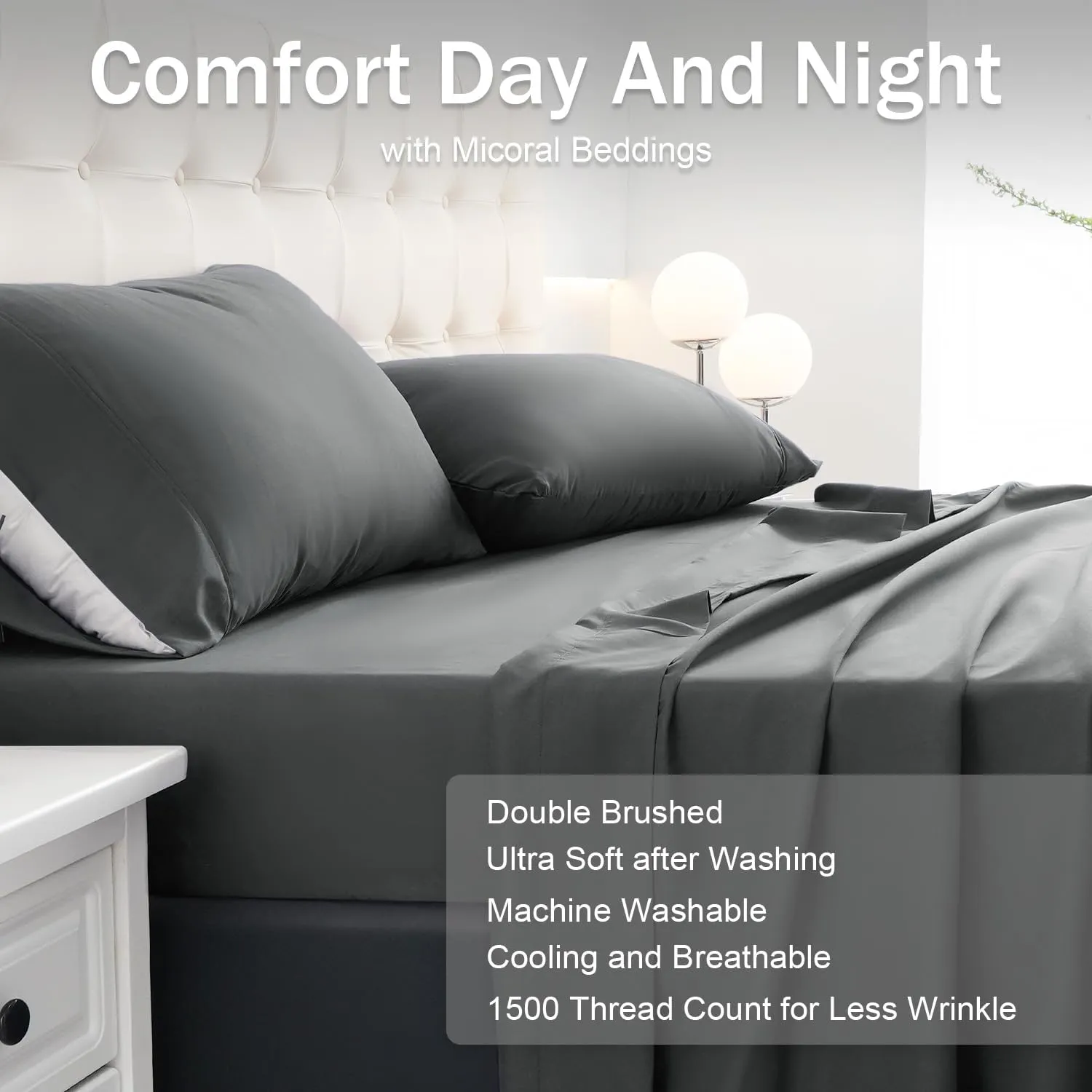 MICORAL King Bed Sheets Set, Soft Breathable Bedding Sheet Set, Sheets Set with 16" Deep Pocket Design (4 Pieces, King, Dark Grey)