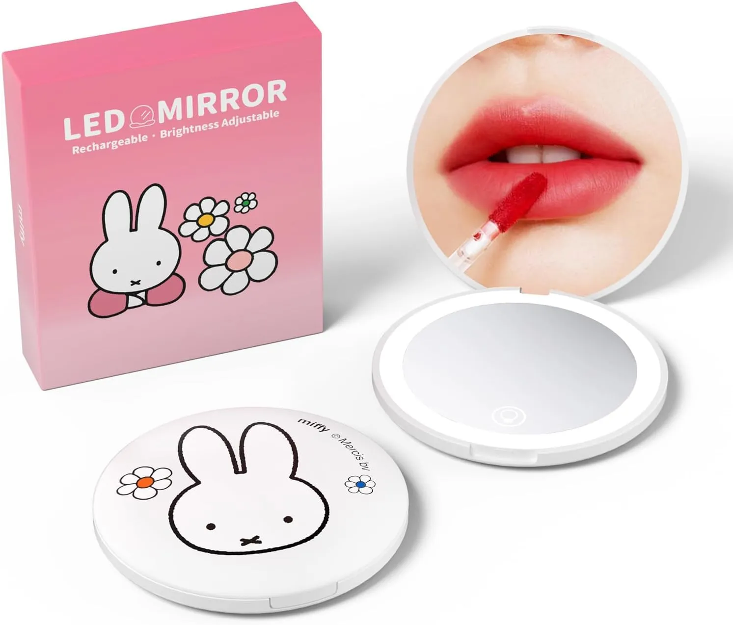 Miffy Handheld LED Makeup Mirror, Foldable 2-Side 1x/10x Magnification,Pocket Small Lighted Mirror for Travel, Rabbit Shape (White)