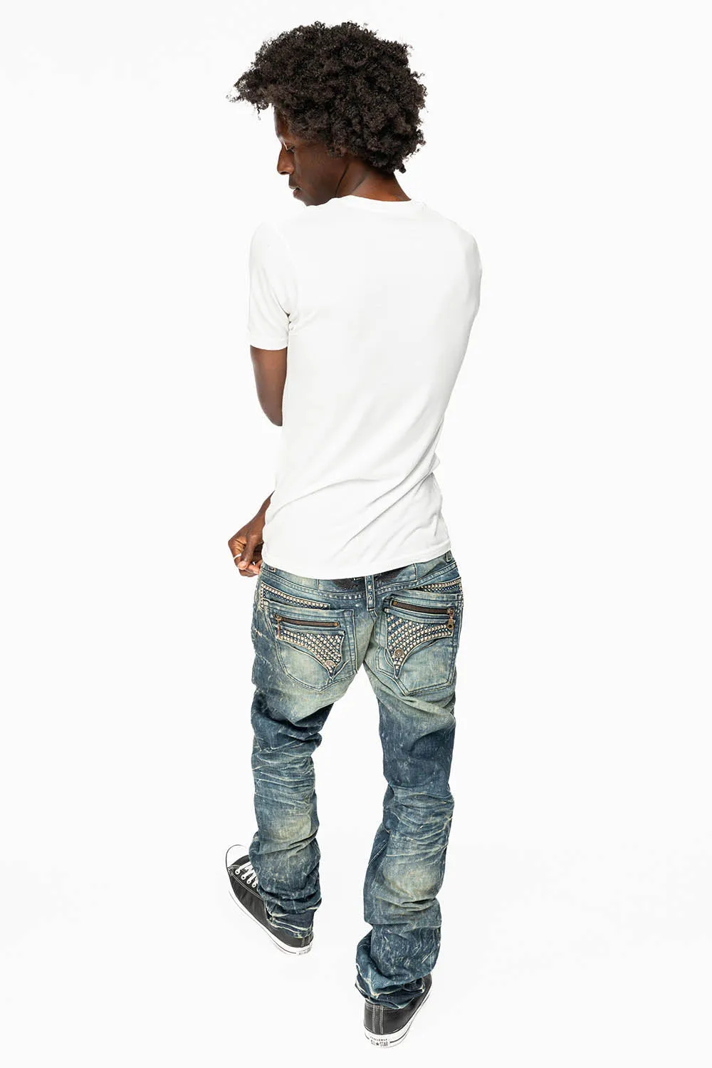 MINI FLAP MENS SLIM JEANS IN BLUE 4D DARK WASH WITH CRYSTALS AND SPIKE