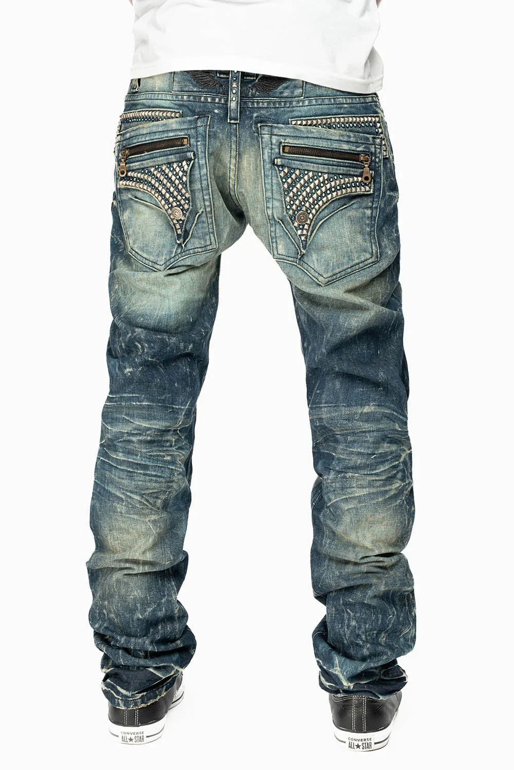 MINI FLAP MENS SLIM JEANS IN BLUE 4D DARK WASH WITH CRYSTALS AND SPIKE
