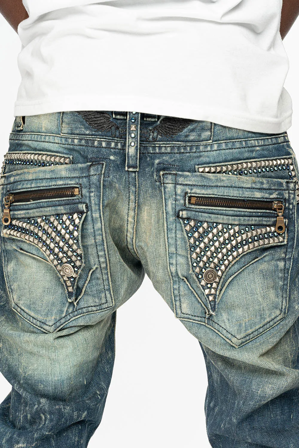 MINI FLAP MENS SLIM JEANS IN BLUE 4D DARK WASH WITH CRYSTALS AND SPIKE
