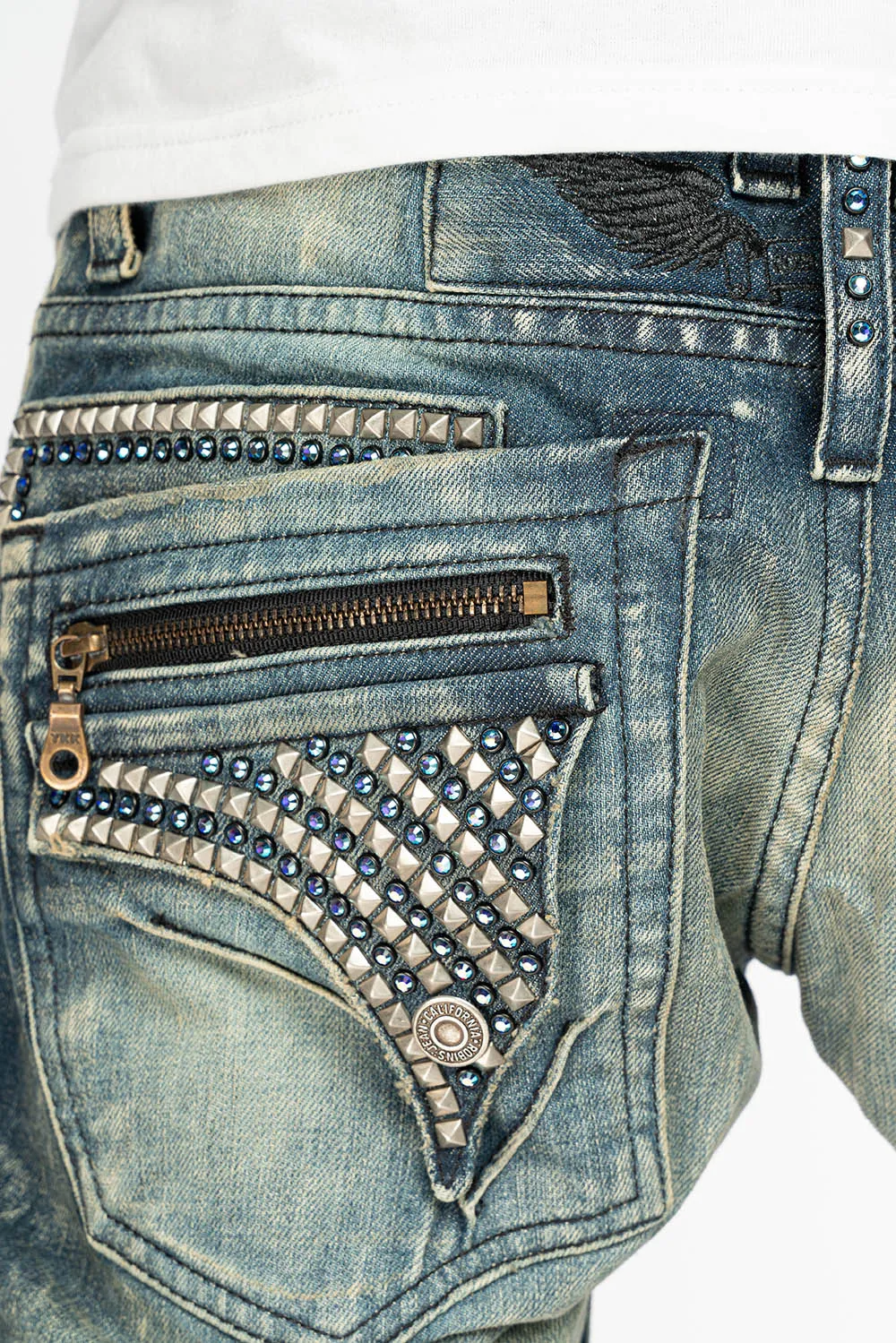 MINI FLAP MENS SLIM JEANS IN BLUE 4D DARK WASH WITH CRYSTALS AND SPIKE