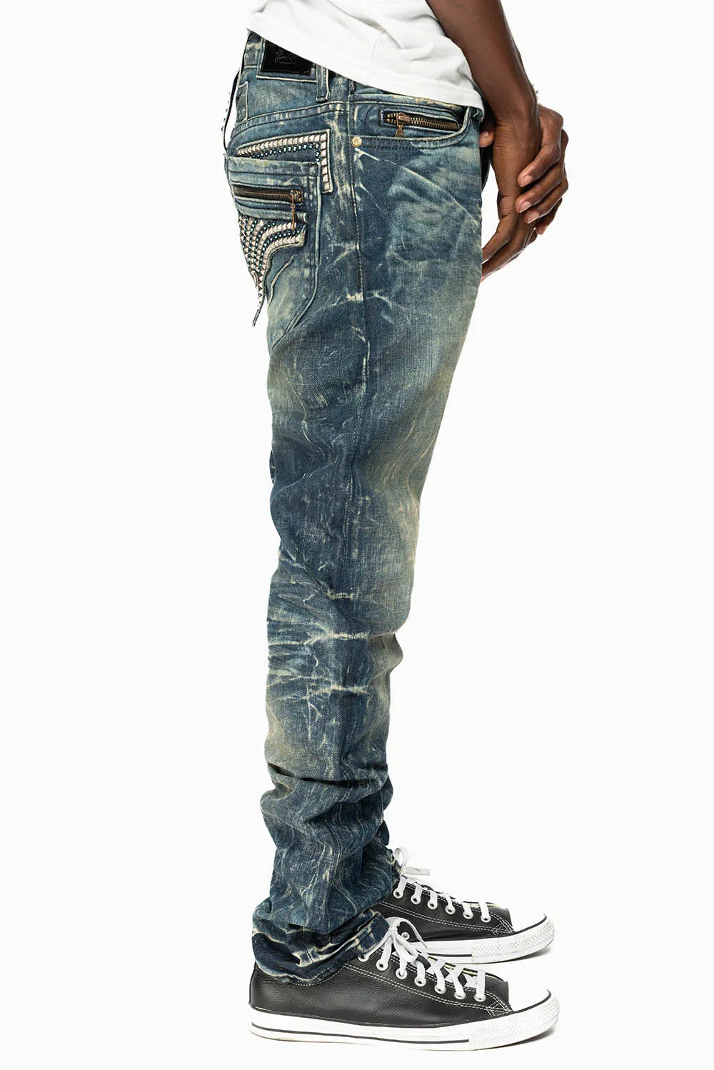 MINI FLAP MENS SLIM JEANS IN BLUE 4D DARK WASH WITH CRYSTALS AND SPIKE