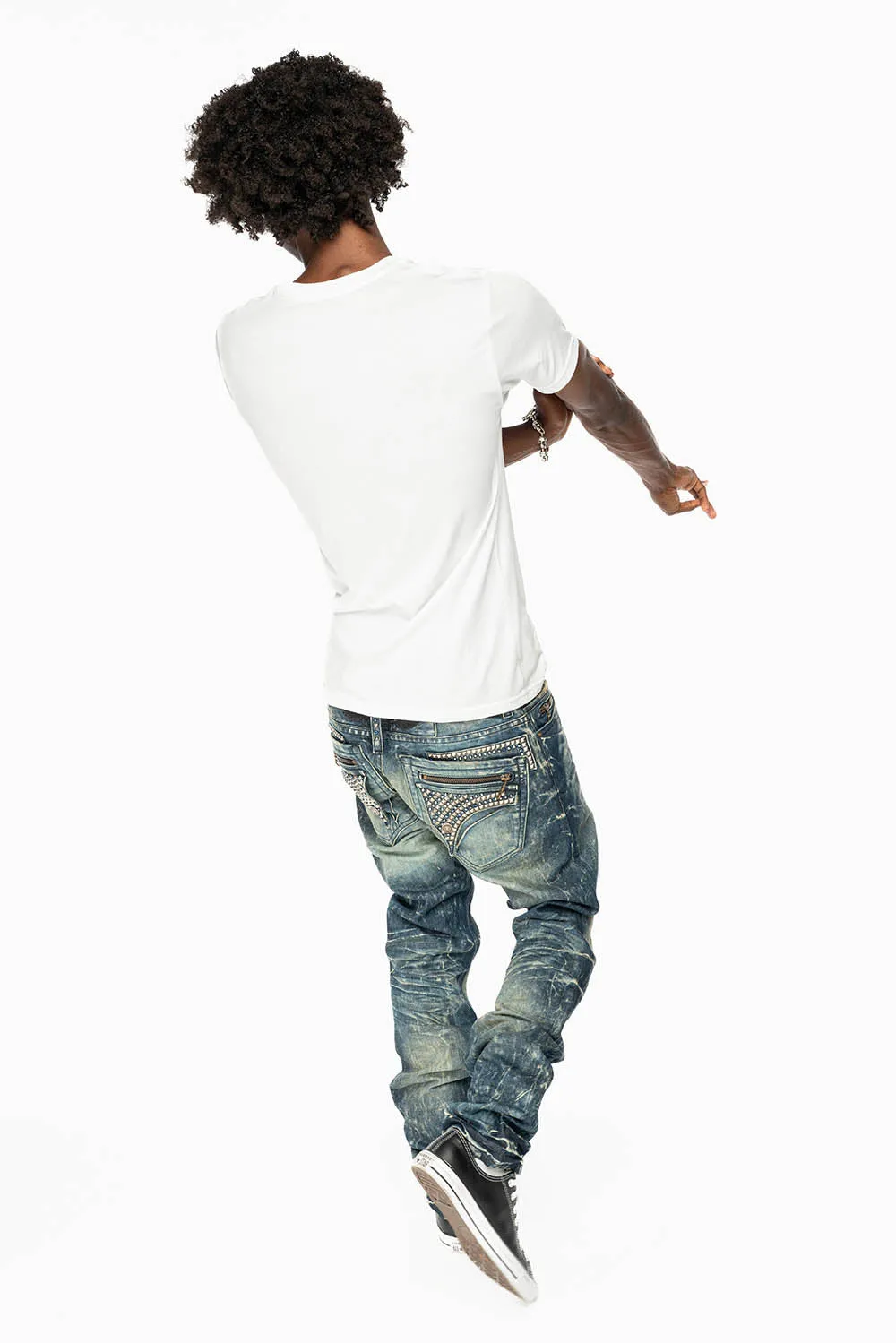 MINI FLAP MENS SLIM JEANS IN BLUE 4D DARK WASH WITH CRYSTALS AND SPIKE