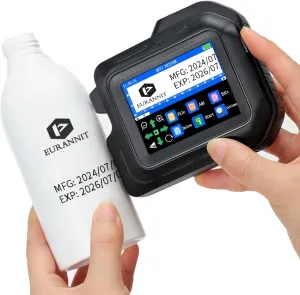 Mini Handheld Inkjet Printer, 0.5" Nozzle, 2.8" Touch Screen, Portable, Black, Monochrome, 600 dpi, 8 ppm, Simplex, USB-C, Water-based Ink, Industrial Use