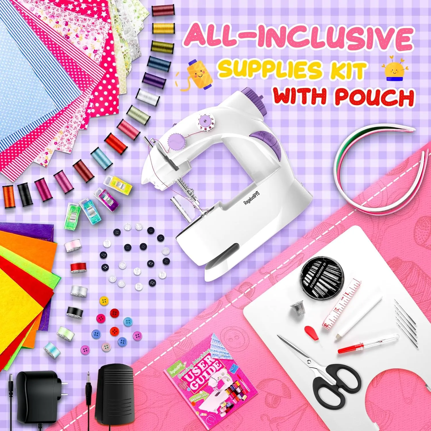 Mini Sewing Machine with 123 Pcs Sewing Kit for Beginners, Dual Speed Portable Sewing Machine with Light and Finger Guard Suitable for Household, Travel (Purple)