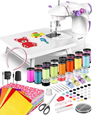 Mini Sewing Machine with 123 Pcs Sewing Kit for Beginners, Dual Speed Portable Sewing Machine with Light and Finger Guard Suitable for Household, Travel (Purple)