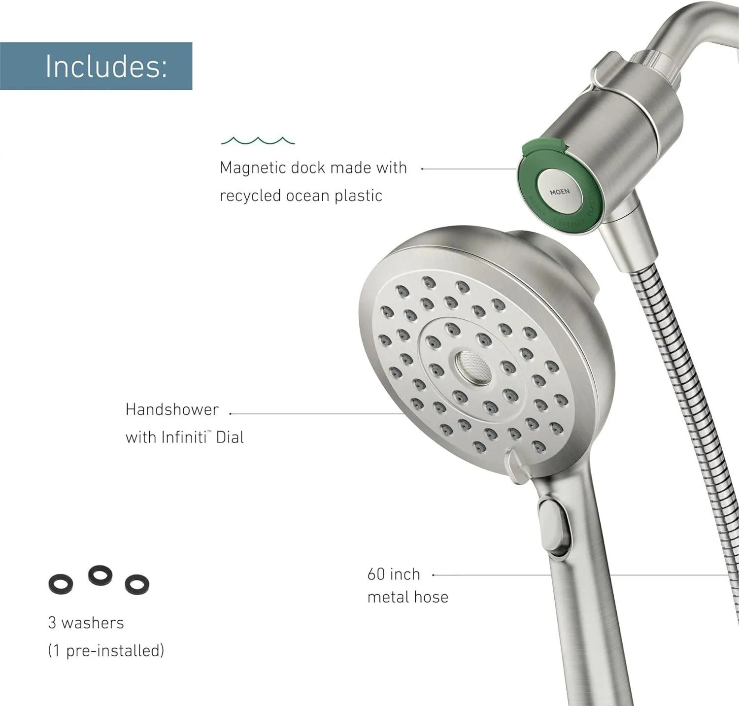 Moen Verso Eco-Performance Handshower, Detachable Round Shower Head with Magnetix Docking System, 60" Hose, Spot Resist Brushed Nickel, 220H2EPSRN