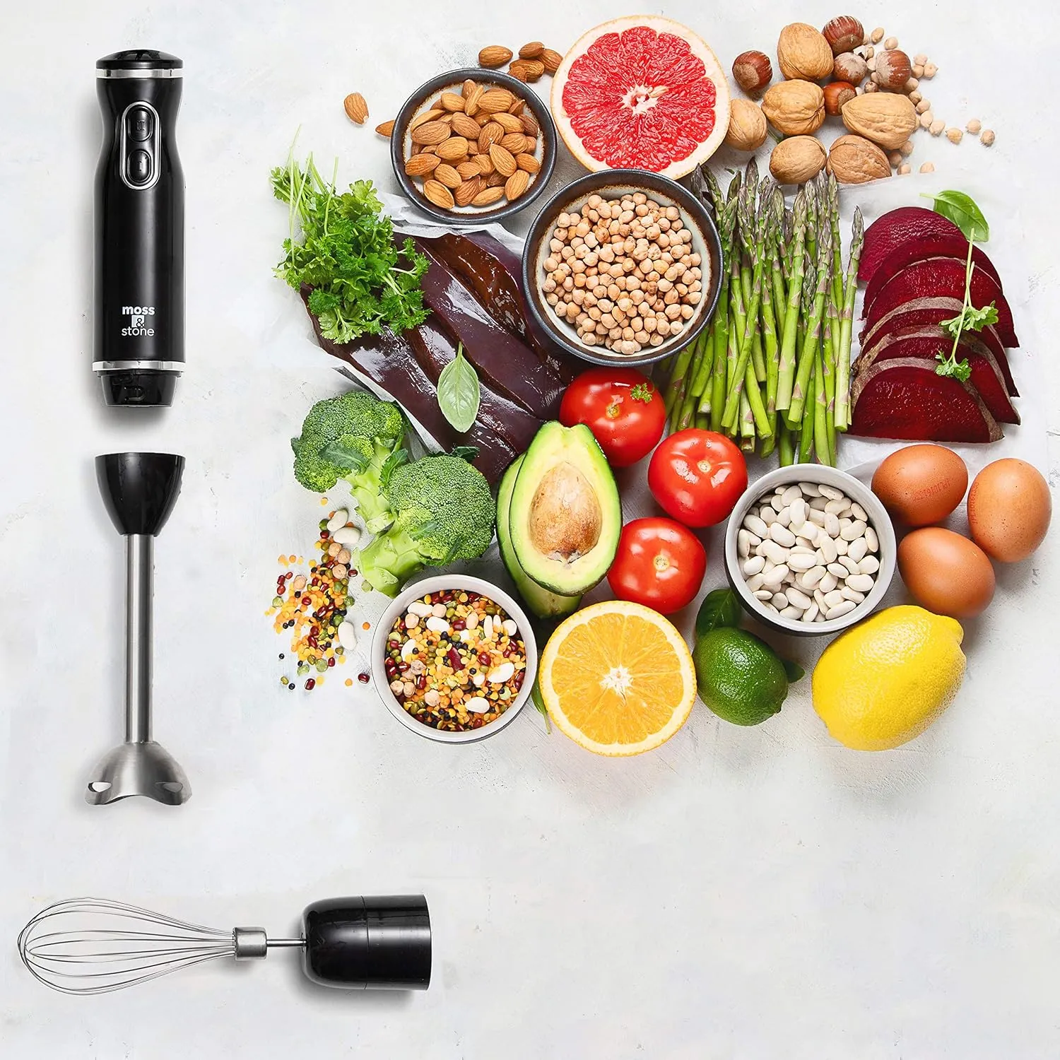 Moss & Stone Hand Blender With Egg Whisk, Powerful 300-Watt Stick Blender, Hand Mixer Set Stainless Steel Shaft & Blades, Black Handheld Blender With Ergonomic Handle (Without Chopper)