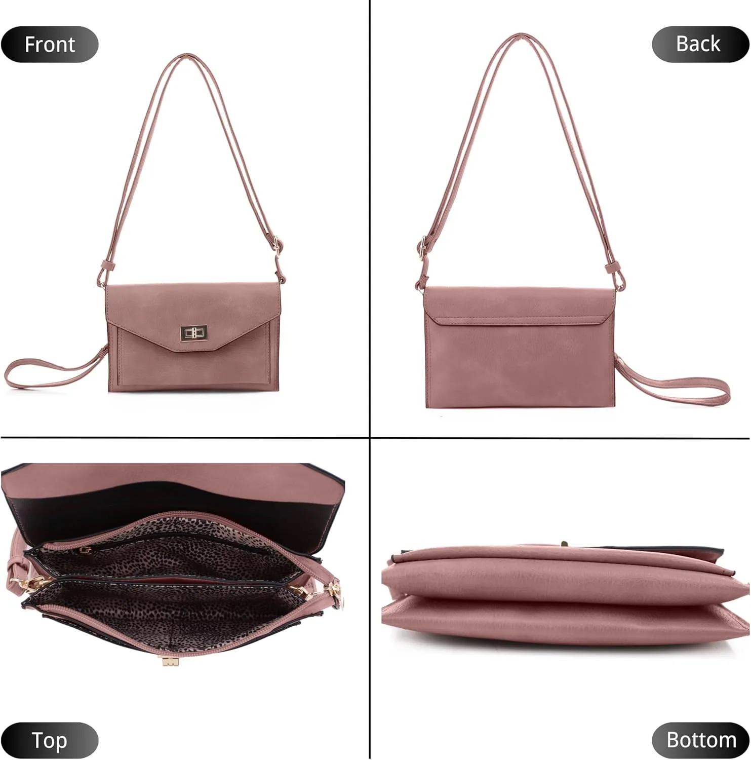 Multifunctional Women's Envelope Style Crossbody Wallet Clutch with Turn Lock and Zipper Closure