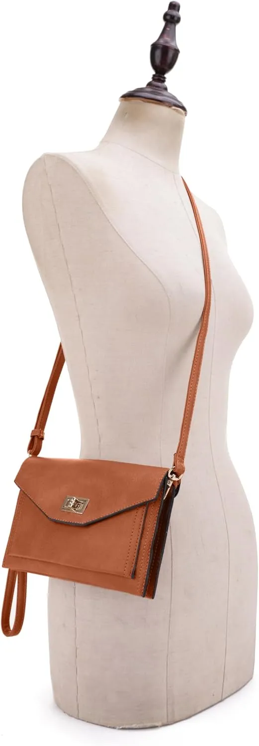 Multifunctional Women's Envelope Style Crossbody Wallet Clutch with Turn Lock and Zipper Closure