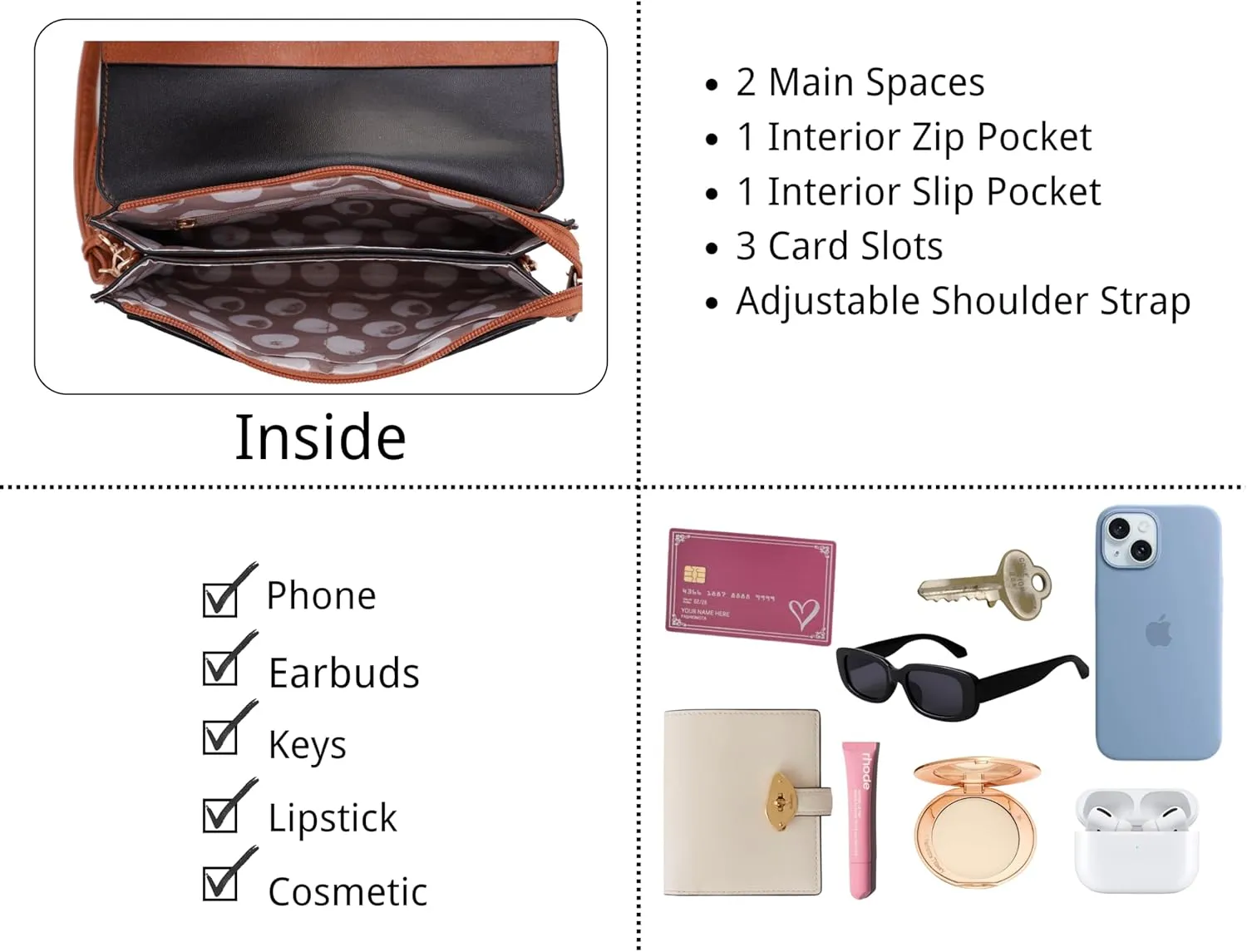 Multifunctional Women's Envelope Style Crossbody Wallet Clutch with Turn Lock and Zipper Closure