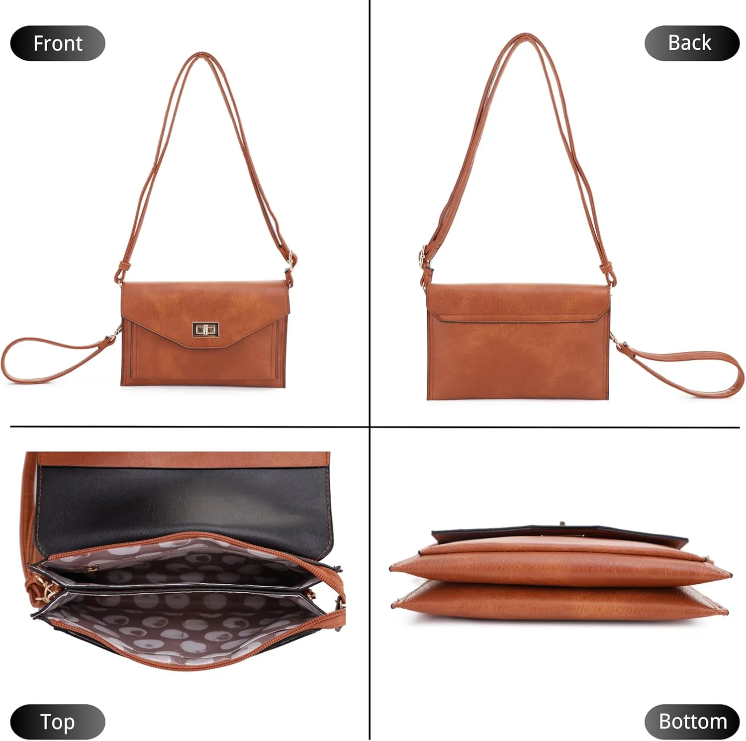 Multifunctional Women's Envelope Style Crossbody Wallet Clutch with Turn Lock and Zipper Closure