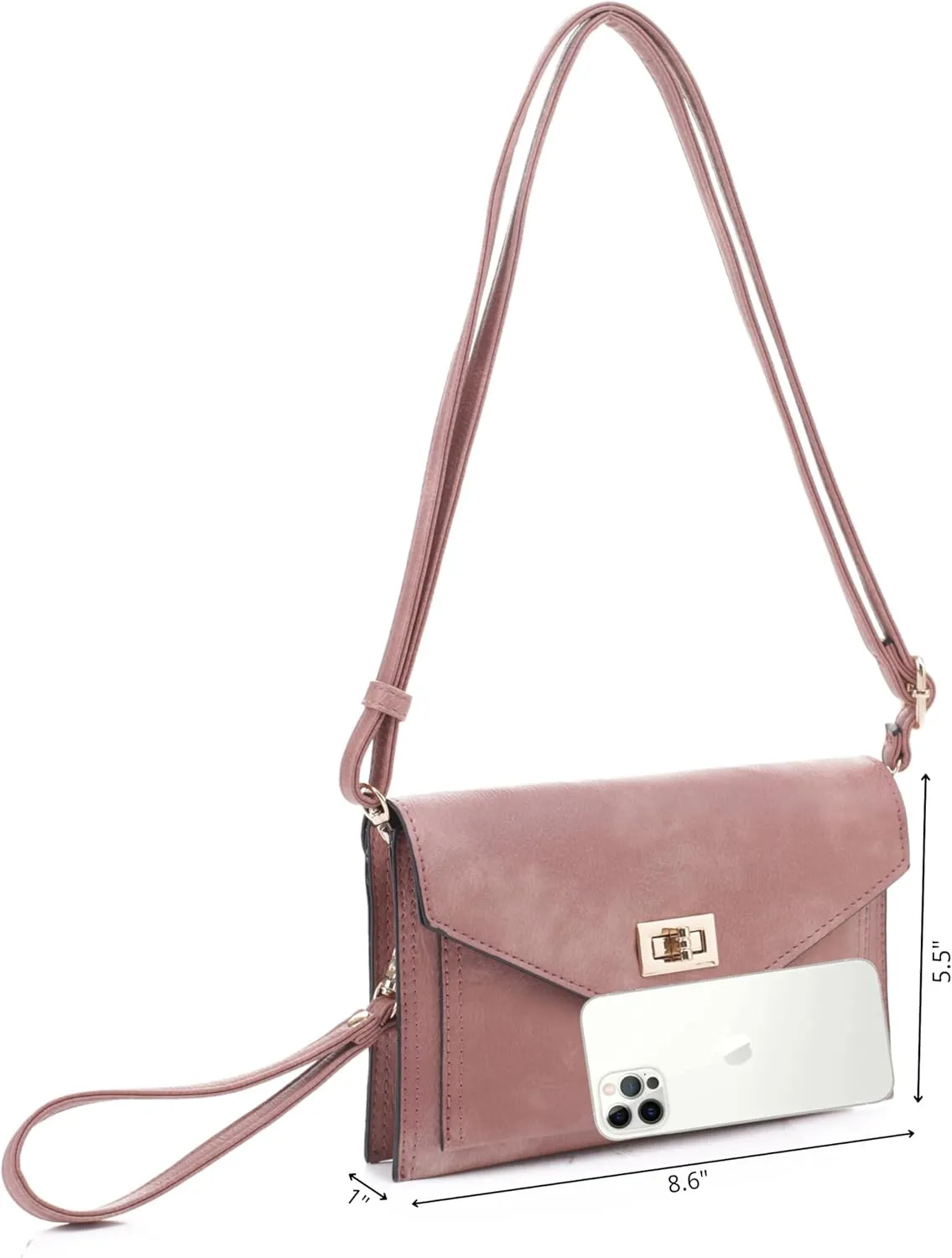 Multifunctional Women's Envelope Style Crossbody Wallet Clutch with Turn Lock and Zipper Closure