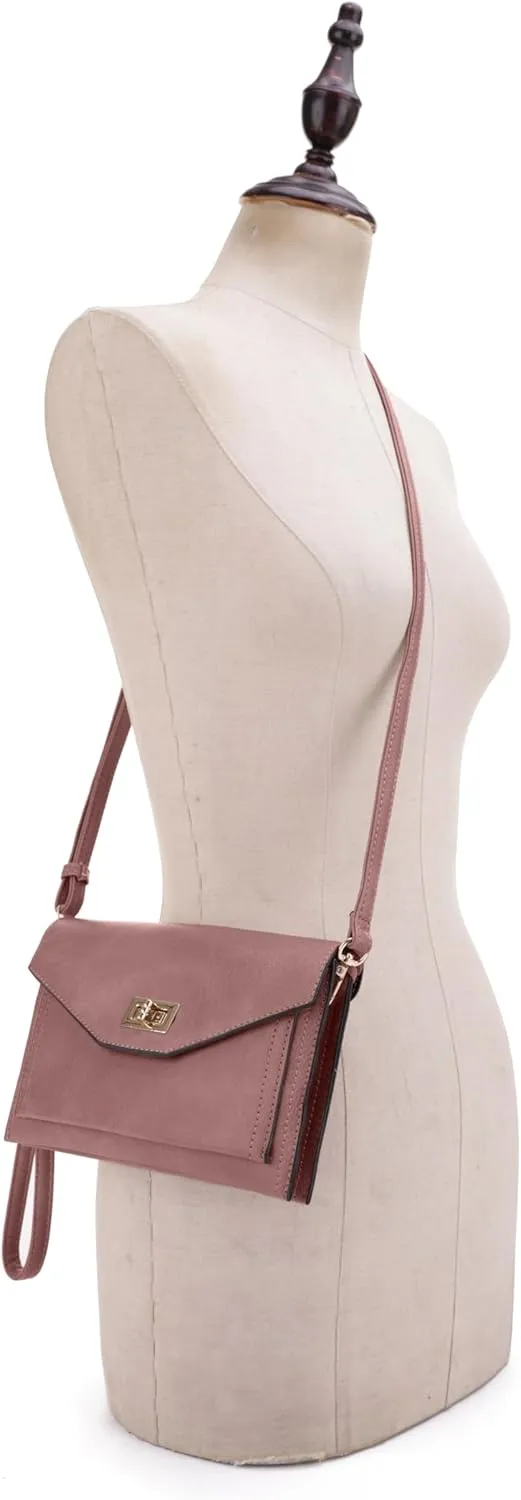 Multifunctional Women's Envelope Style Crossbody Wallet Clutch with Turn Lock and Zipper Closure