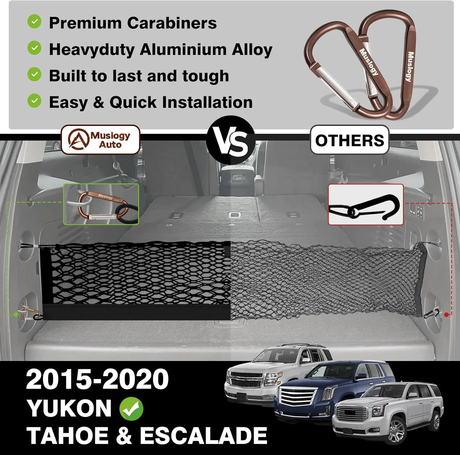 Muslogy Envelope Style Trunk Cargo Net Compatible with 2015-2020 Chevy Tahoe, GMC Yukon, Cadillac Escalade Accessories Upgraded Mesh Storage Luggage Net with Metal Hooks