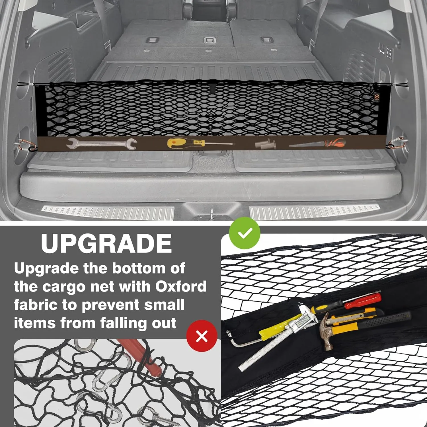 Muslogy Envelope Style Trunk Cargo Net Compatible with 2015-2020 Chevy Tahoe, GMC Yukon, Cadillac Escalade Accessories Upgraded Mesh Storage Luggage Net with Metal Hooks
