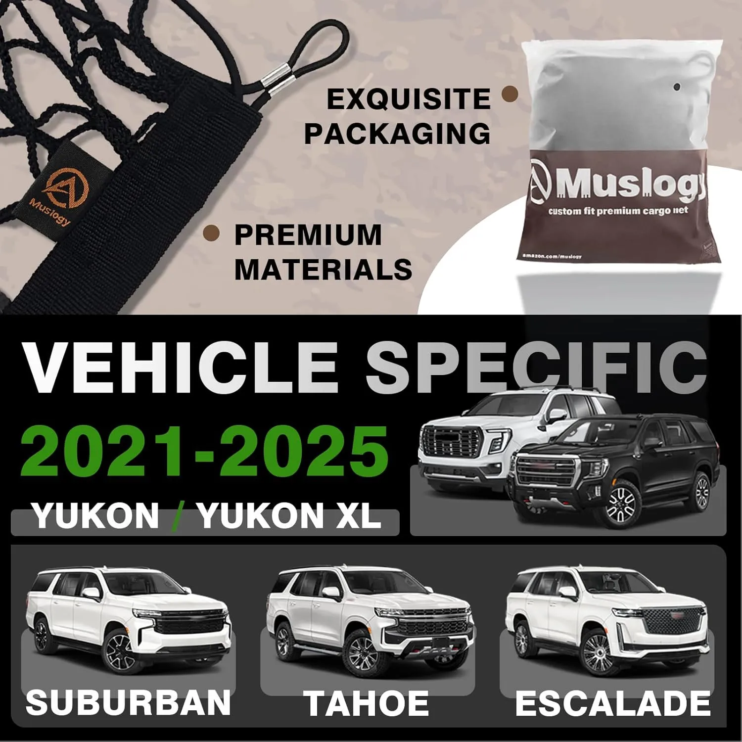 Muslogy Envelope Style Trunk Cargo Net Compatible with 2021-2025 Chevy Suburban&Tahoe, GMC Yukon&Yukon XL, Cadillac Escalade Accessories Upgraded Mesh Storage Luggage Net with Metal Hooks