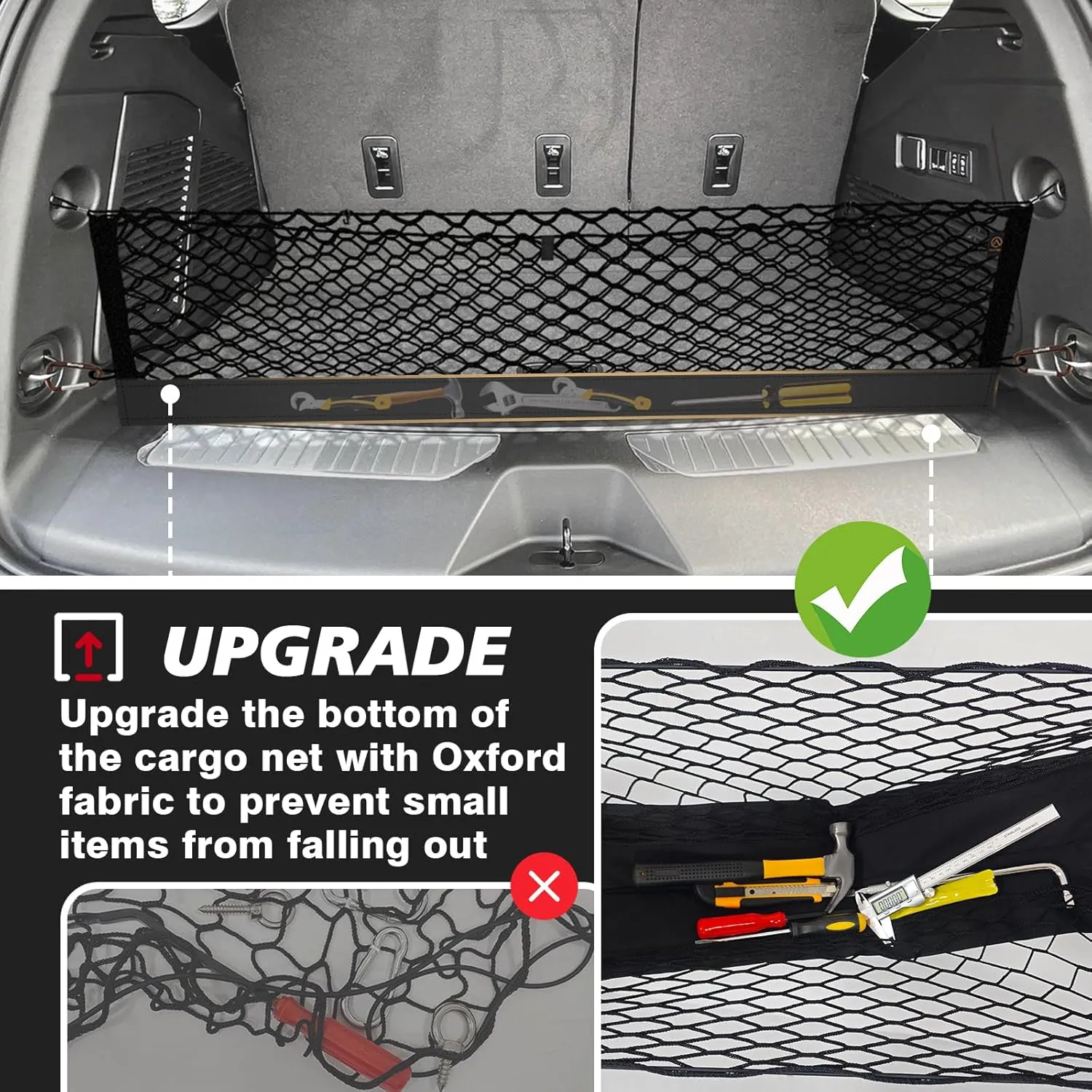Muslogy Envelope Style Trunk Cargo Net Compatible with 2021-2025 Chevy Suburban&Tahoe, GMC Yukon&Yukon XL, Cadillac Escalade Accessories Upgraded Mesh Storage Luggage Net with Metal Hooks