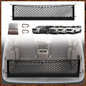 Muslogy Envelope Style Trunk Cargo Net Compatible with 2021-2025 Chevy Suburban&Tahoe, GMC Yukon&Yukon XL, Cadillac Escalade Accessories Upgraded Mesh Storage Luggage Net with Metal Hooks