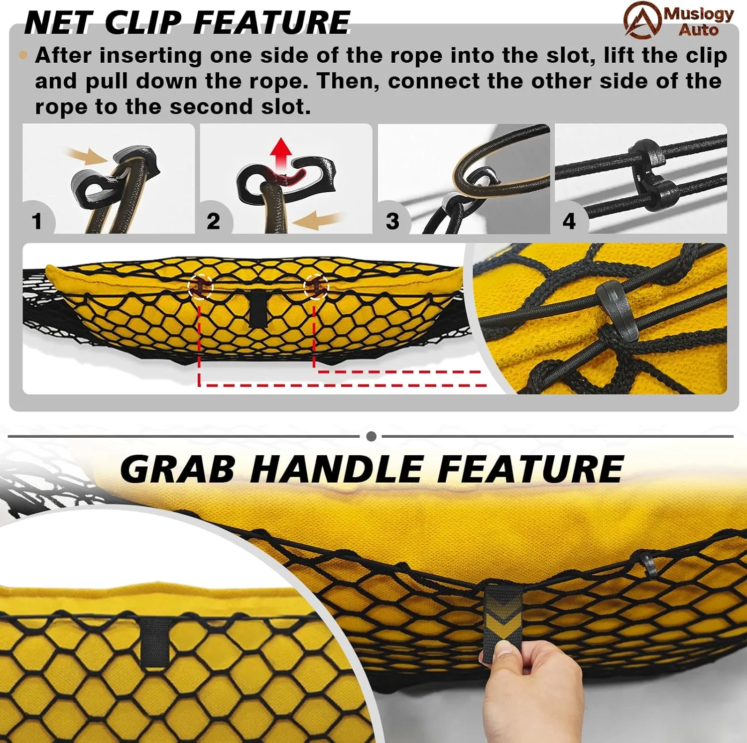 Muslogy Envelope Style Trunk Cargo Net Compatible with 2021-2025 Chevy Suburban&Tahoe, GMC Yukon&Yukon XL, Cadillac Escalade Accessories Upgraded Mesh Storage Luggage Net with Metal Hooks